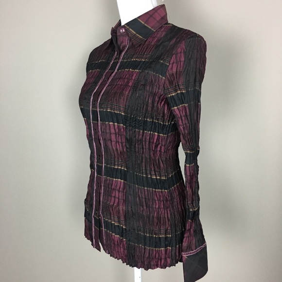 Cache Plaid Stretch Crinkle Button Down Shirt Small Christmas Holiday - Picture 3 of 7